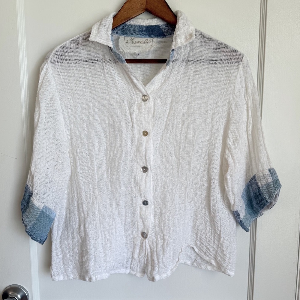 Marilu White Linen Button Up Sheer Blouse With Blue Accents
